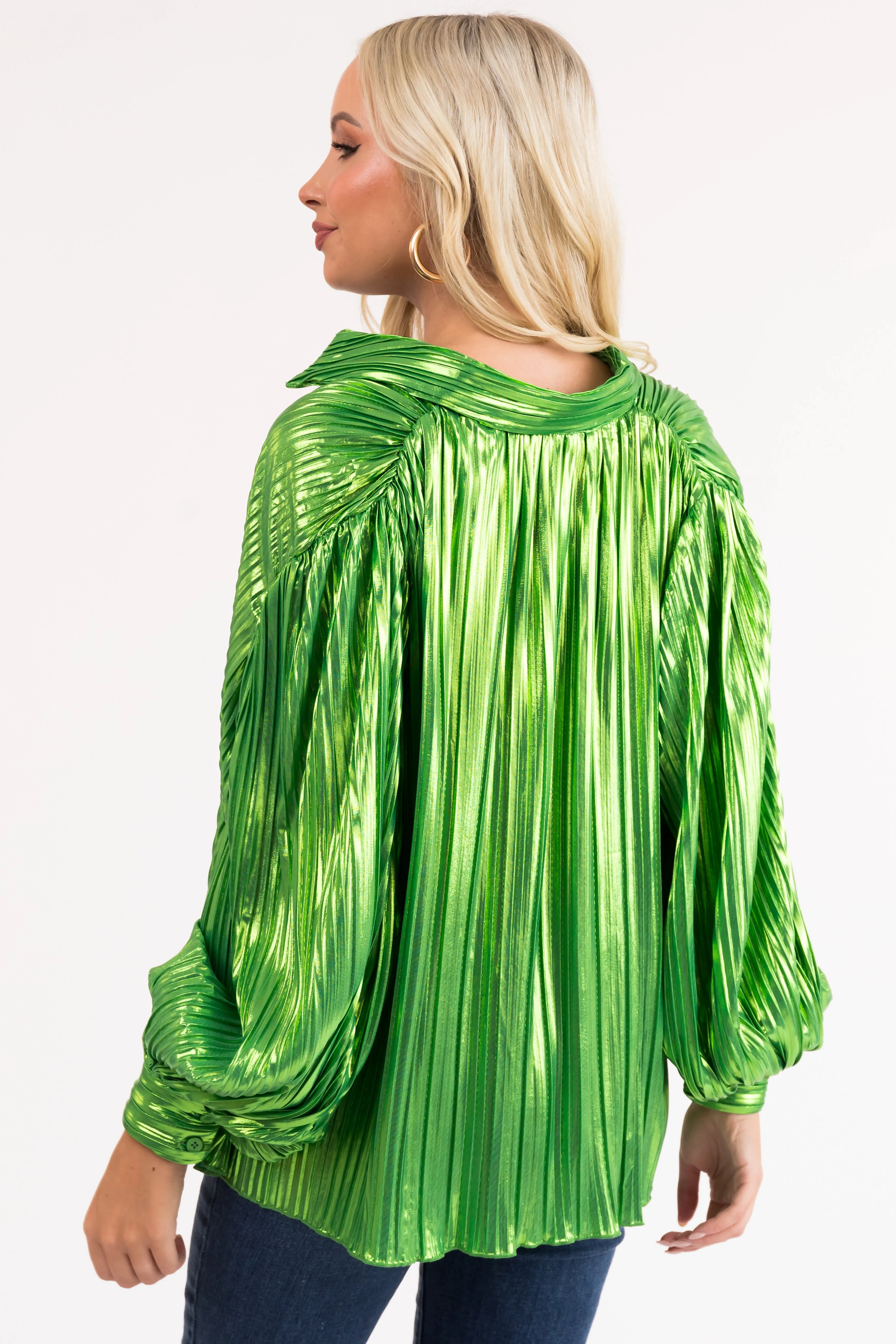 Flying Tomato Lime Metallic Pleated Button Down Top