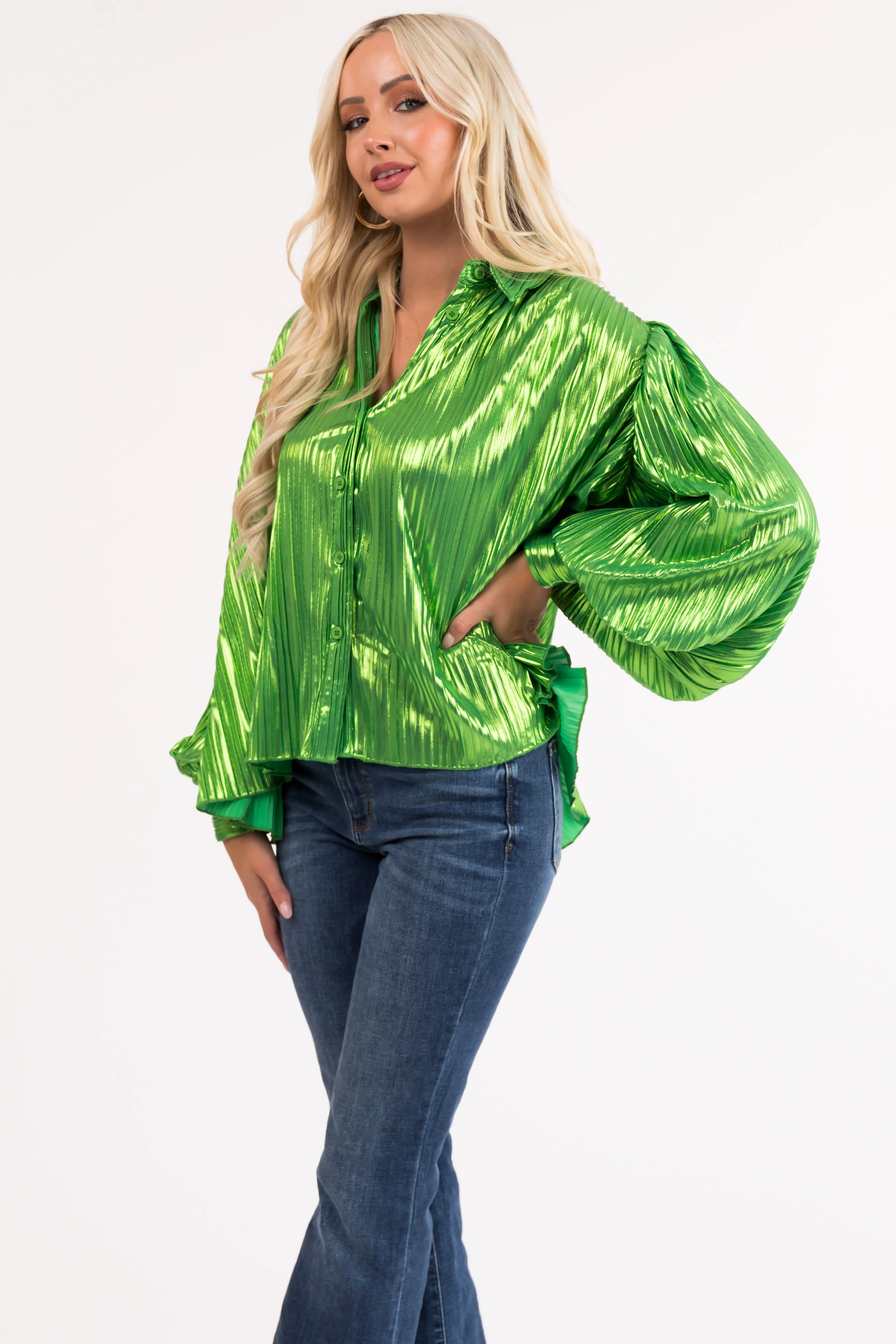 Flying Tomato Lime Metallic Pleated Button Down Top