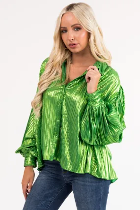 Flying Tomato Lime Metallic Pleated Button Down Top