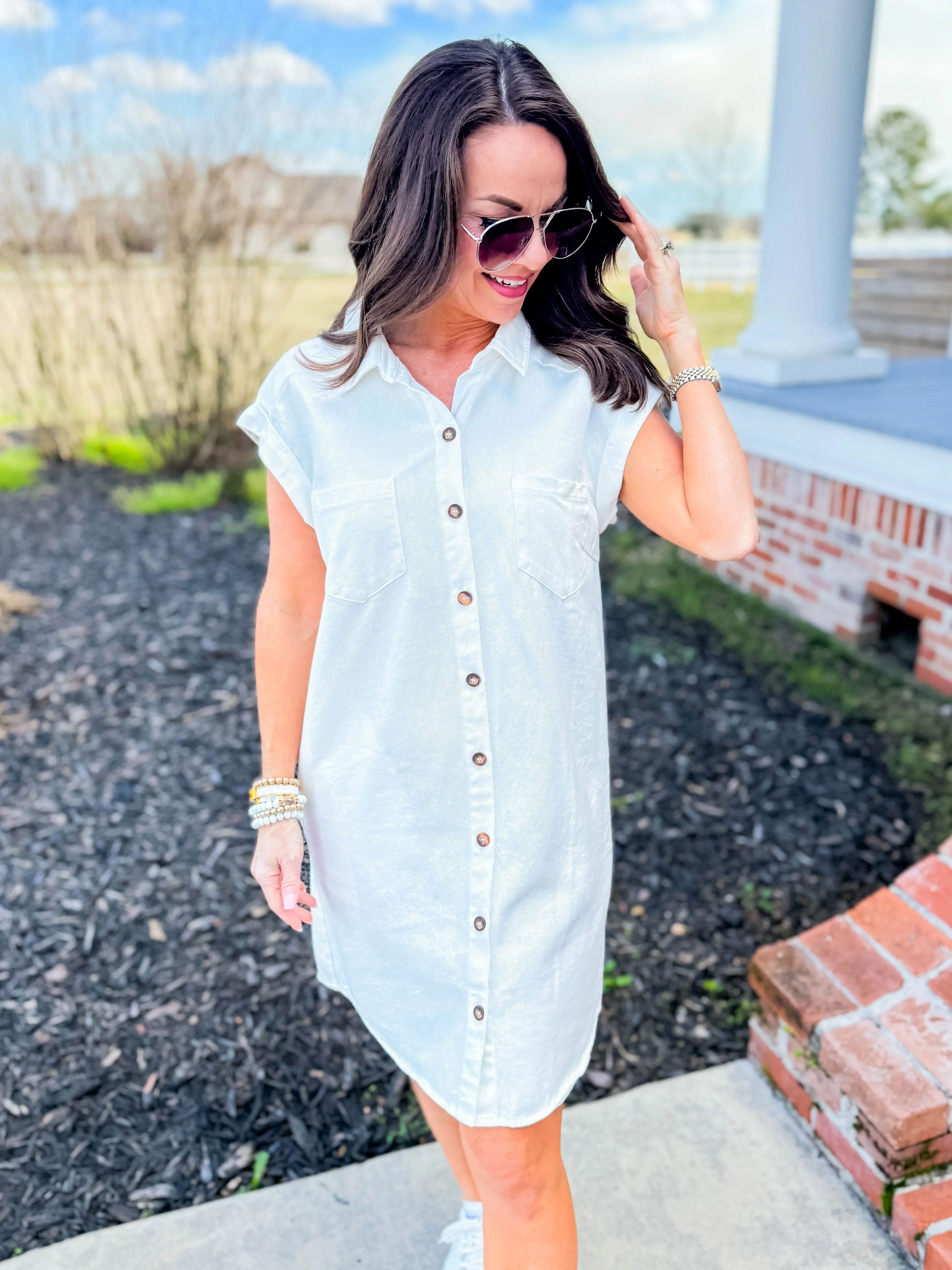 Folded Cuff Button Down Washed Twill Shirt Dress in White