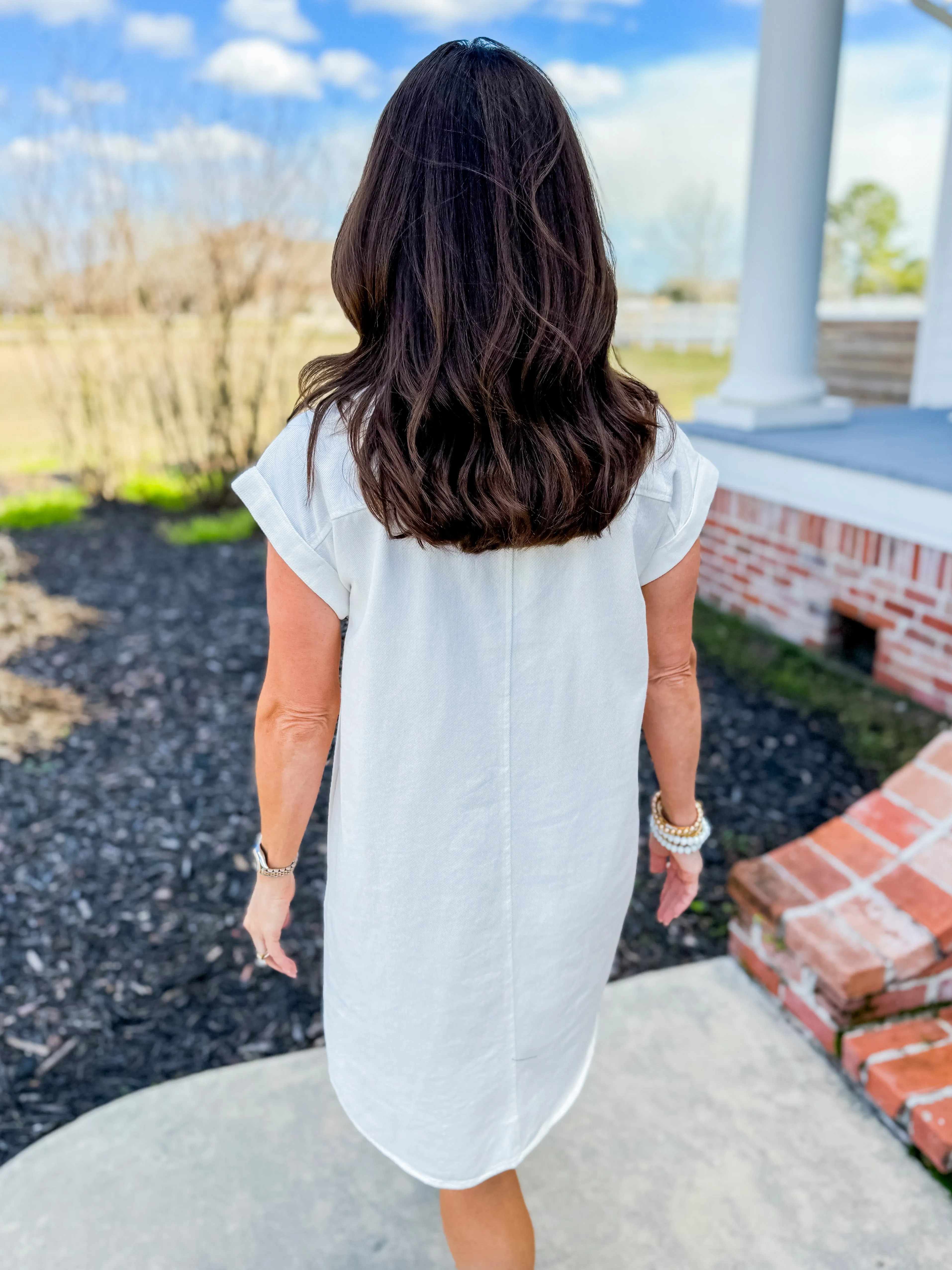 Folded Cuff Button Down Washed Twill Shirt Dress in White