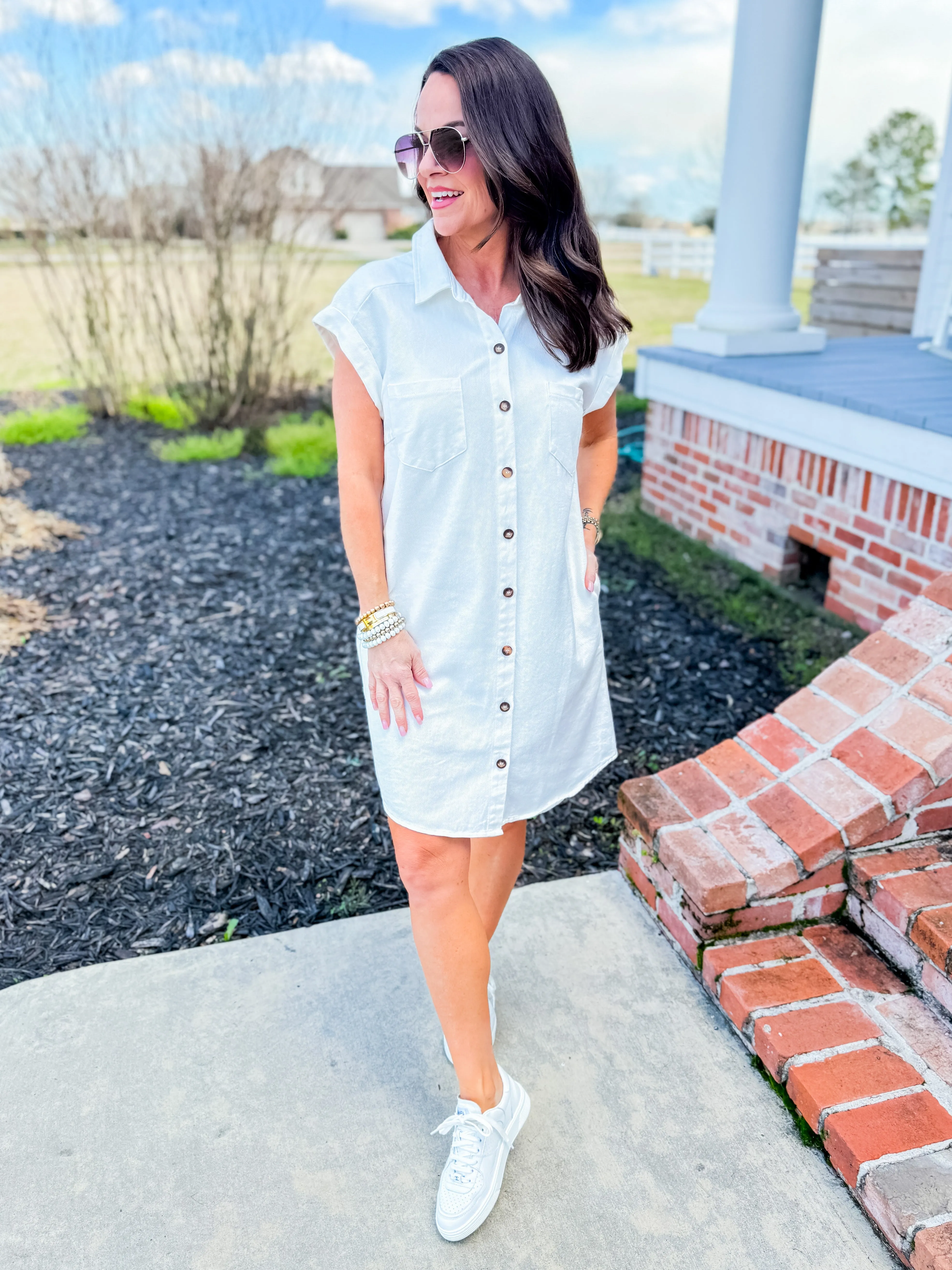 Folded Cuff Button Down Washed Twill Shirt Dress in White