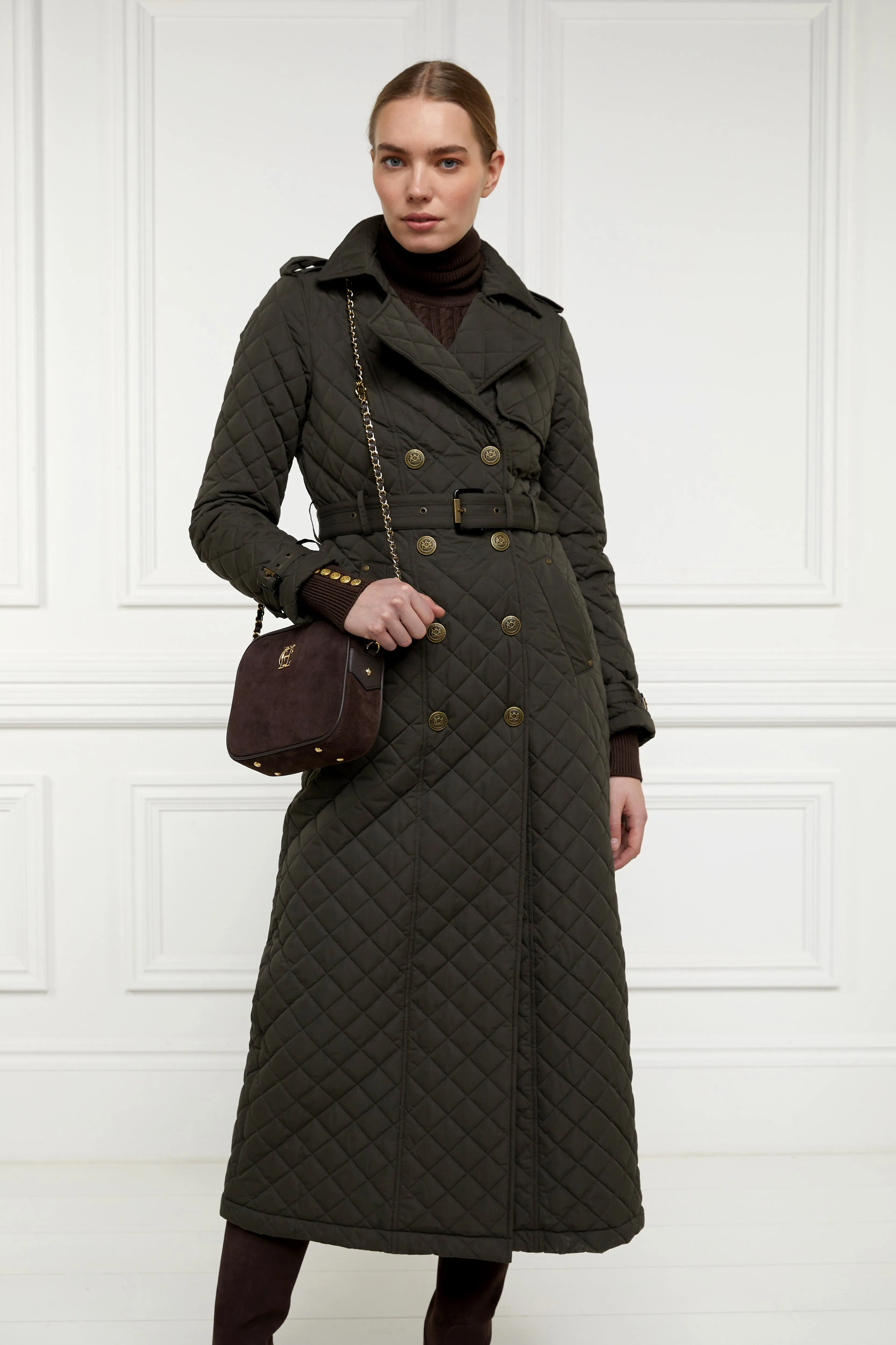 Full Length Enstone Quilted Trench Coat (Dark Olive)