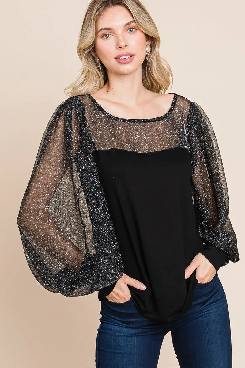 Full Size Metallic Mesh Lantern Sleeve Blouse