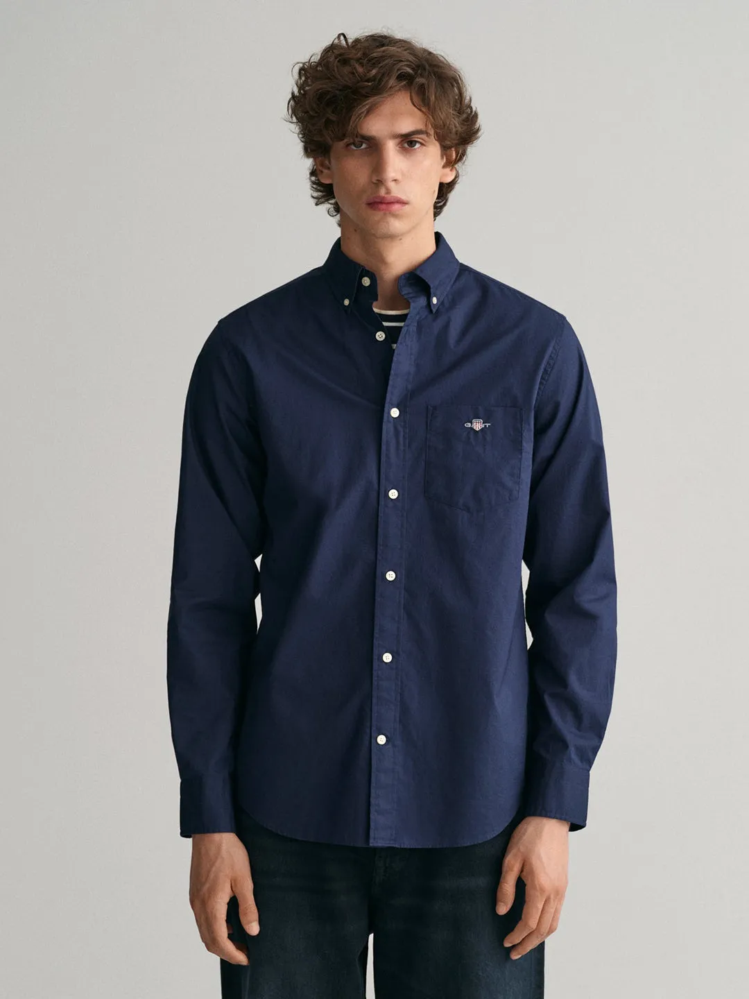 Gant Men Navy Blue Solid Button-down Collar Full Sleeves Shirt