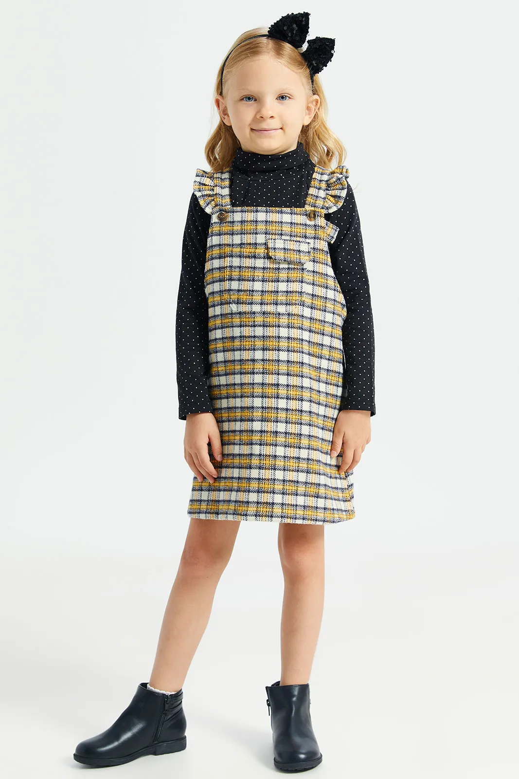 Girls Black And Yellow Checkered Dress With T-Shirt Set (2 Piece)