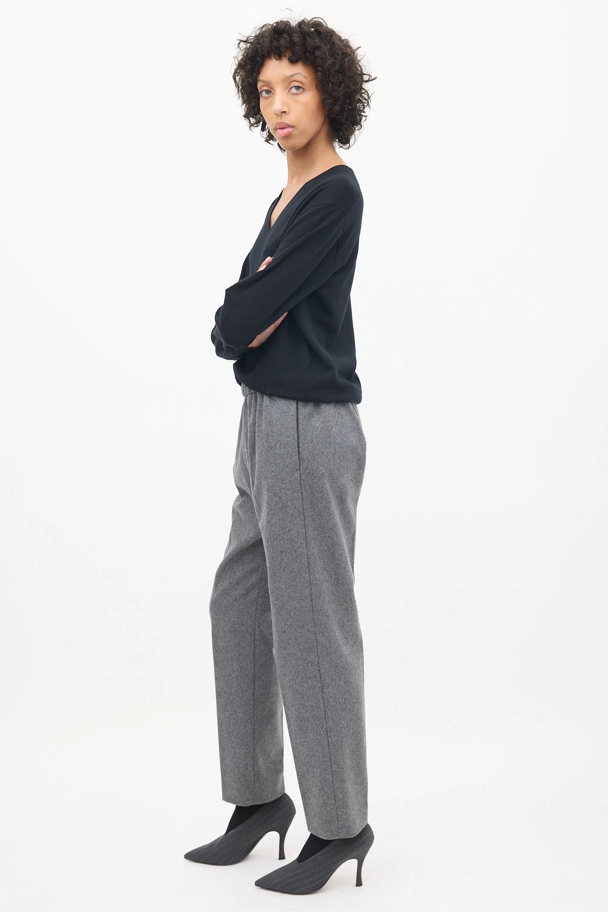 Grey Wool High Waist Tapered Trouser