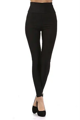 High Waist Leggings Stretch Nylon Solid Fold Over Skinny Pants Long