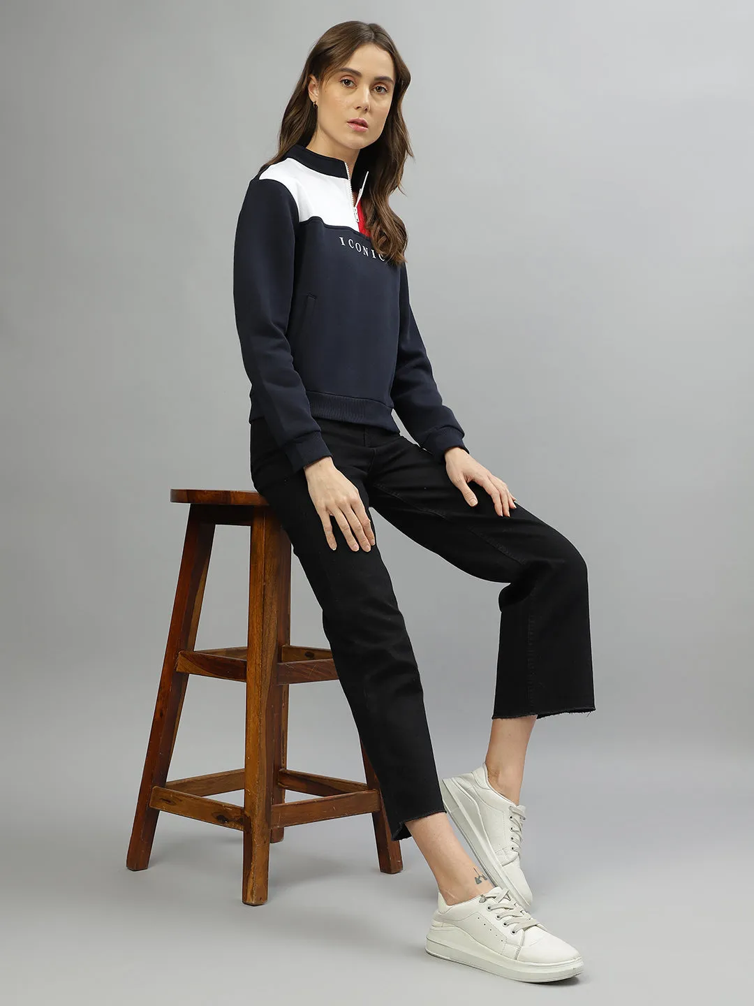 Iconic Women Colour Blocked Stand Collar Full Sleeves Sweatshirt