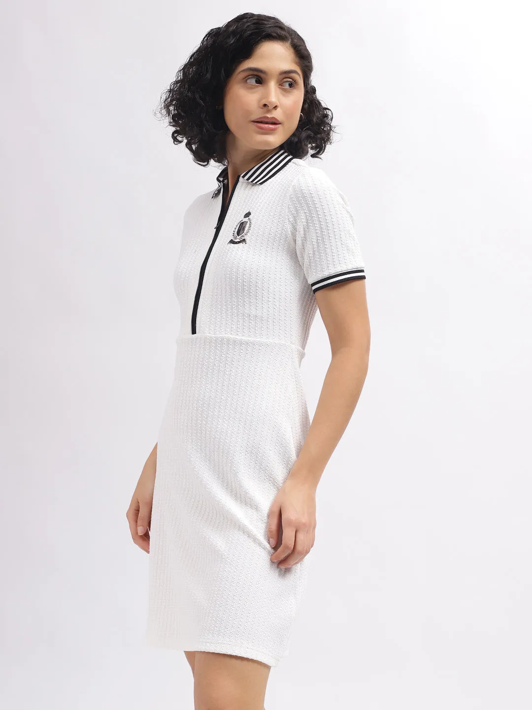 Iconic Women White Solid Shirt Collar Short Sleeves Dress