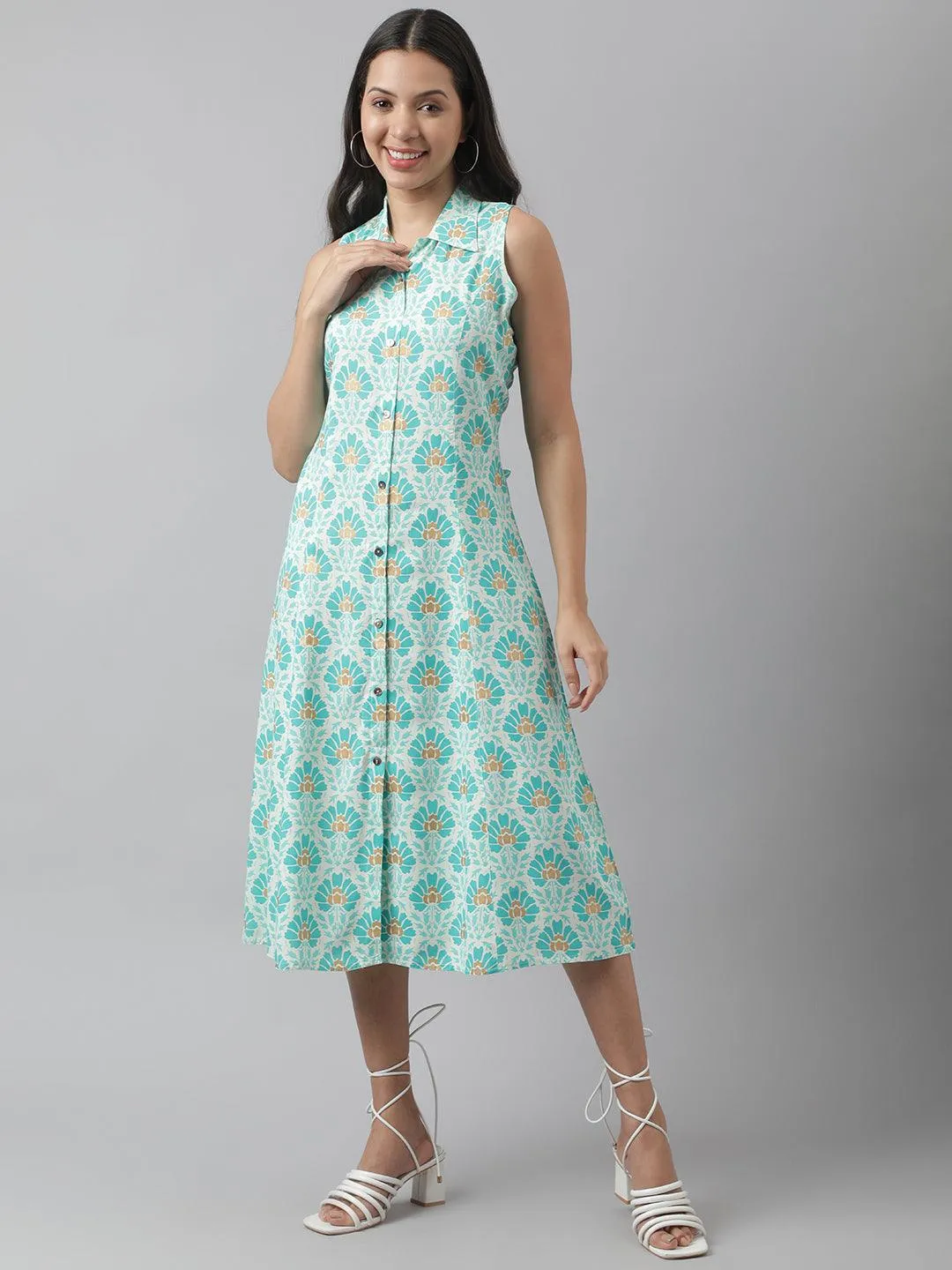 Jashvi Rayon White A-Line Floral Printed Midi Dress