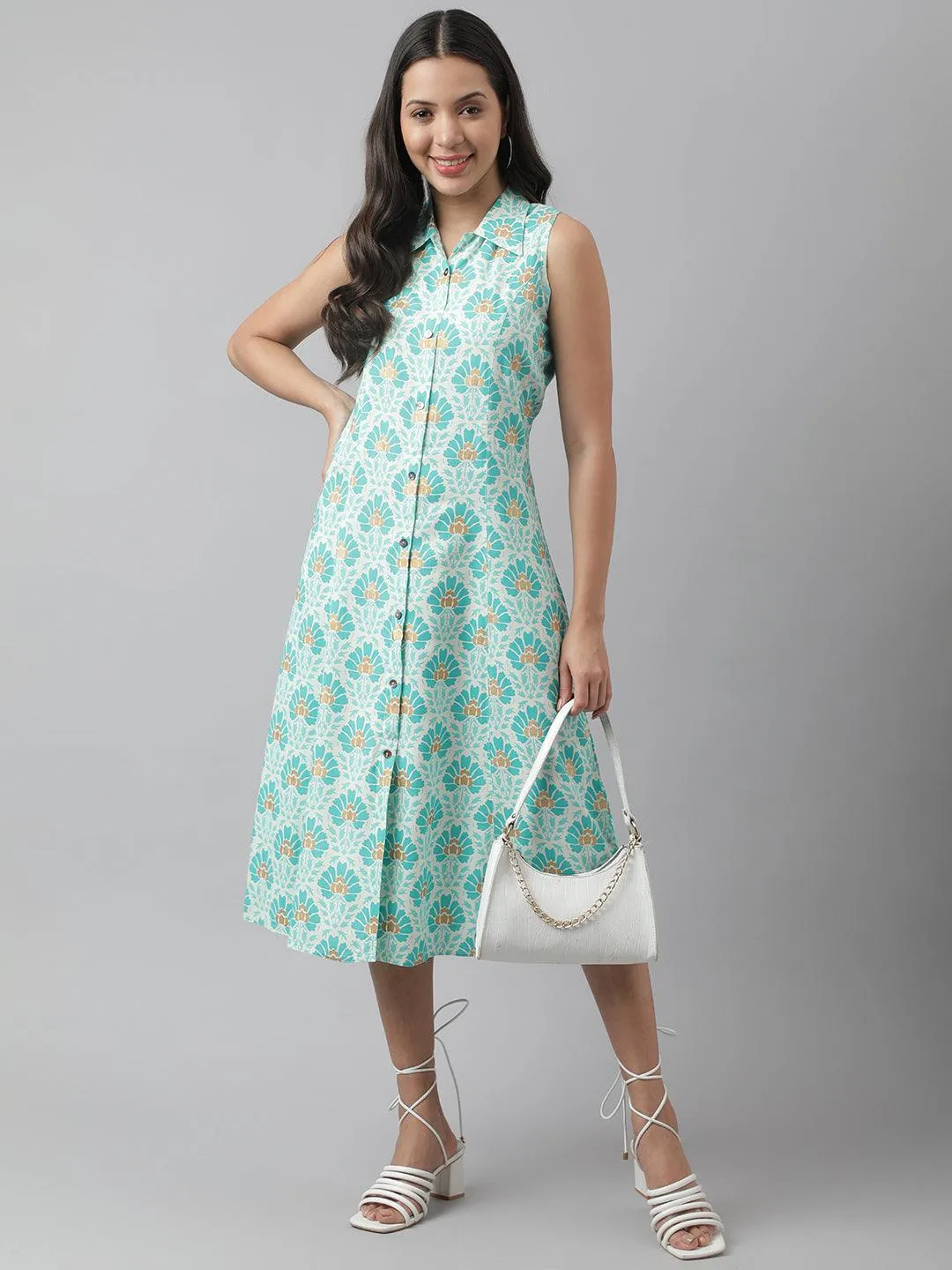 Jashvi Rayon White A-Line Floral Printed Midi Dress