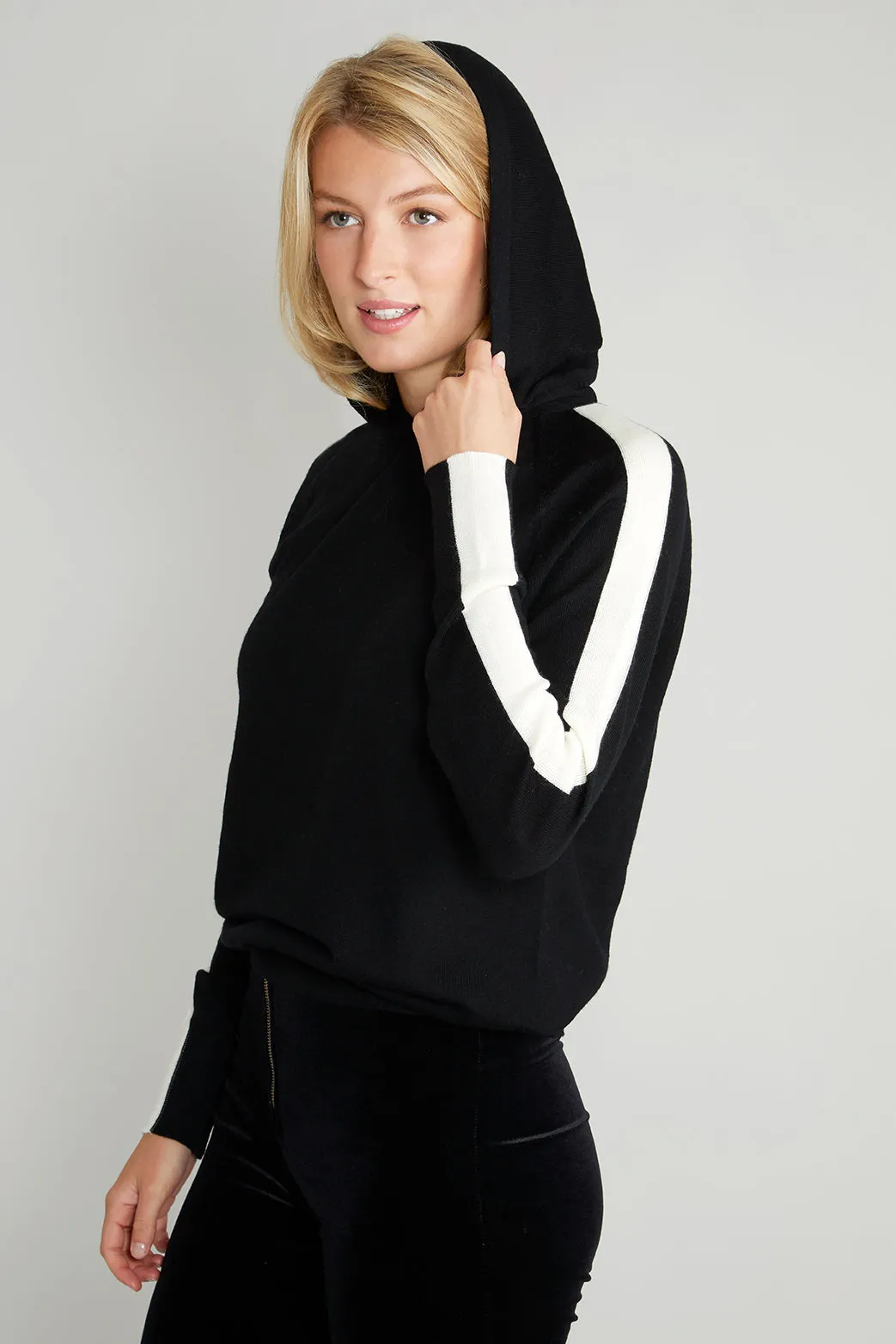 Ladies striped hoodie jumper in rich black & soft white