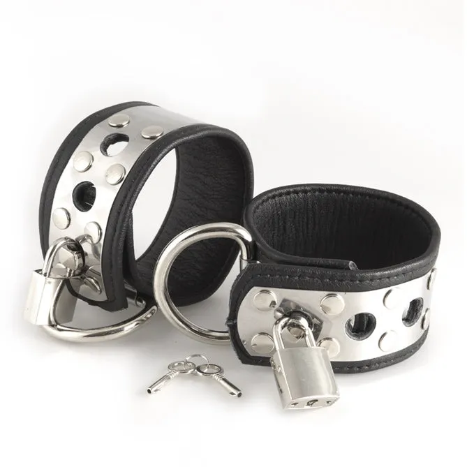 Leather Wrist Cuffs With Metal And Padlocks