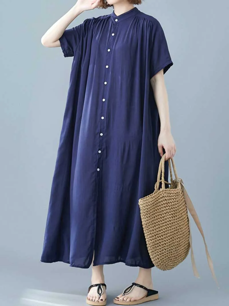 Long Cotton Front Button Cotton Shirt Dress (Navy Blue - Army Green - Brown)