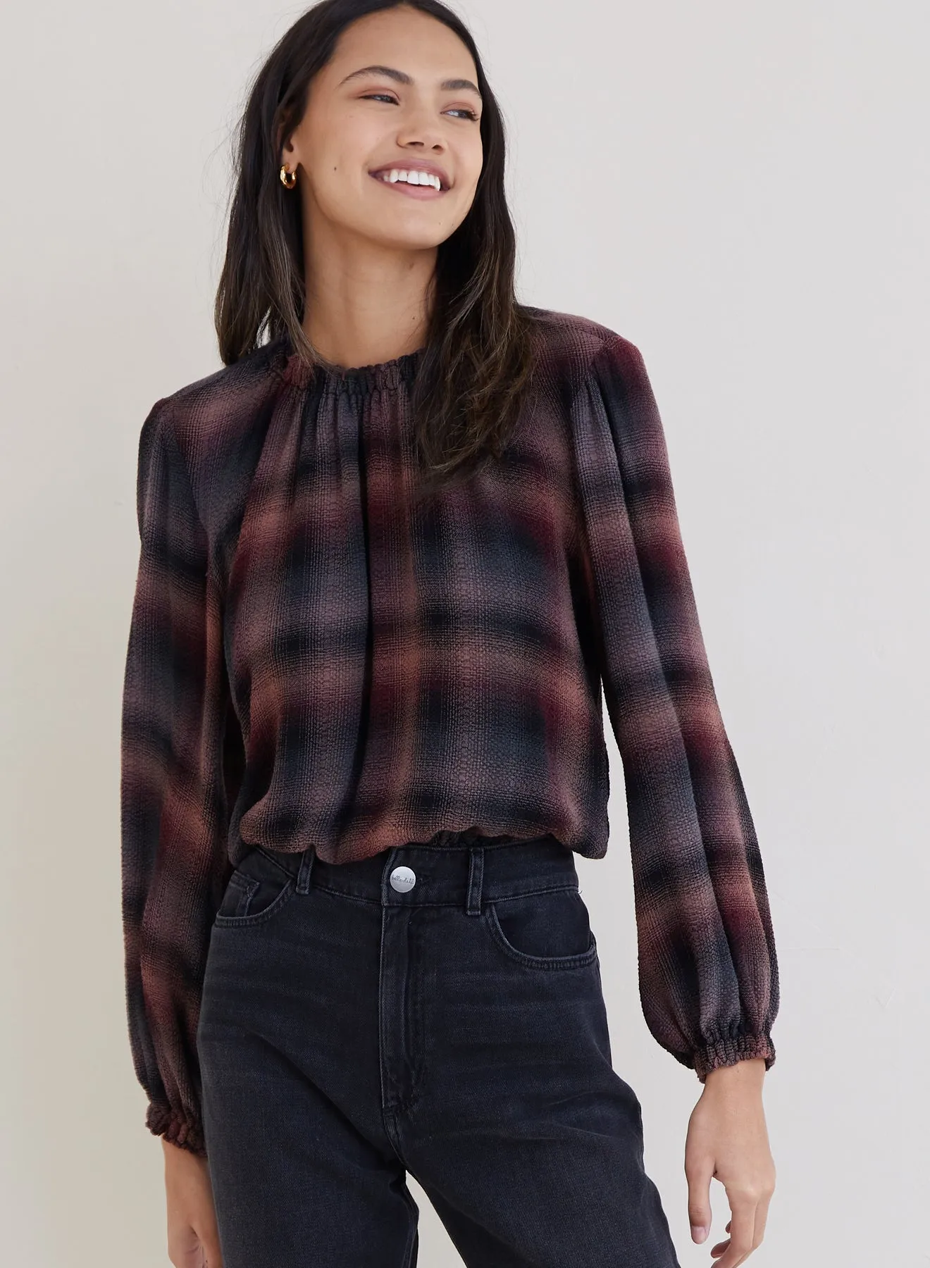 Long Sleeve Smocked Neck Pullover  - Canyon Pucker Plaid