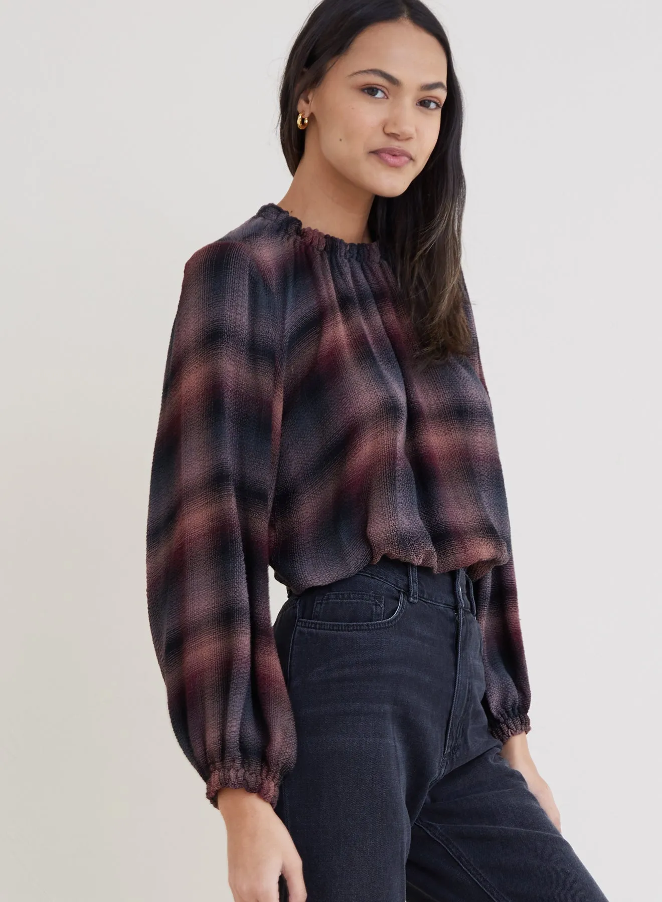 Long Sleeve Smocked Neck Pullover  - Canyon Pucker Plaid