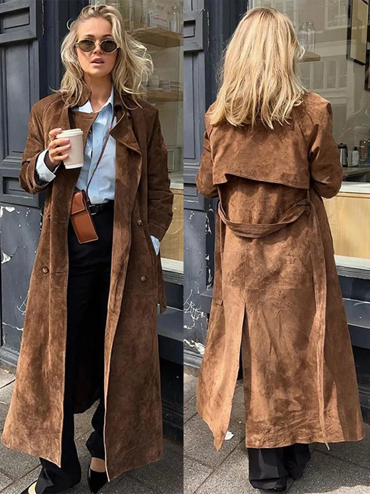 Lonnie Suede Elegant Turn-down Collar Long Coat