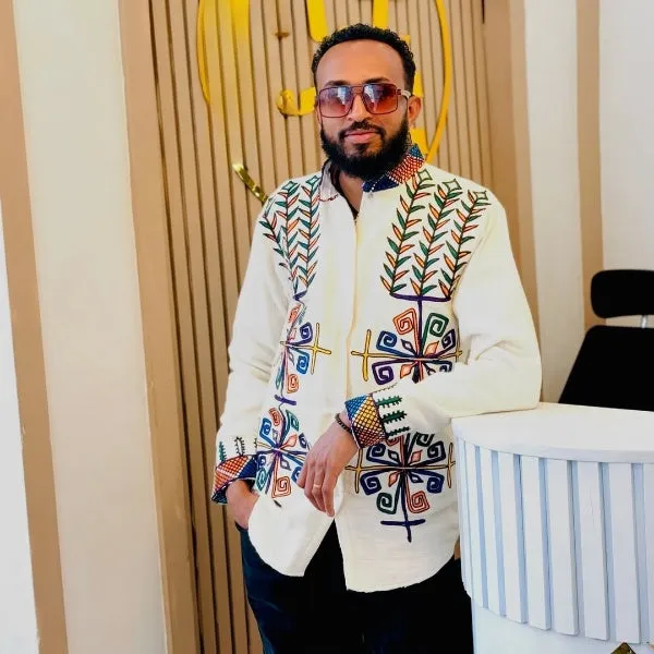 Majestic Handmade Habesha Shirt: with Leafy Embroidery Traditional Ethiopian Shirt for Men