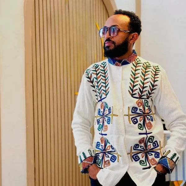 Majestic Handmade Habesha Shirt: with Leafy Embroidery Traditional Ethiopian Shirt for Men