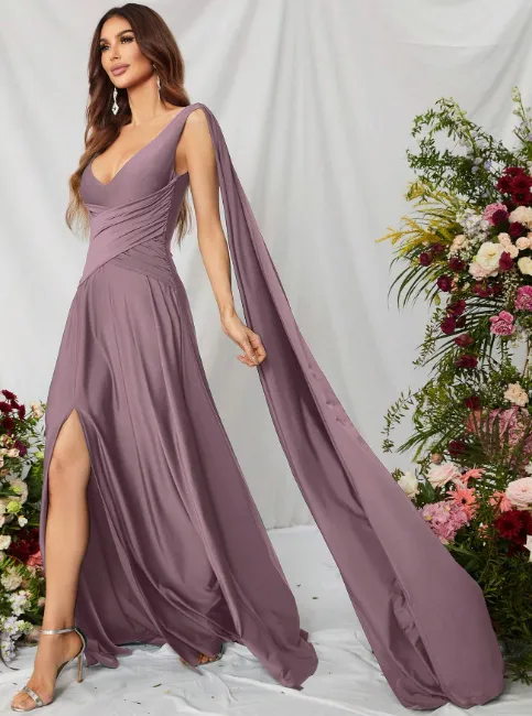 Mauve Purple Draped Arm Satin Thigh Split Bridesmaid Maxi Dress