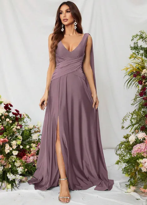 Mauve Purple Draped Arm Satin Thigh Split Bridesmaid Maxi Dress