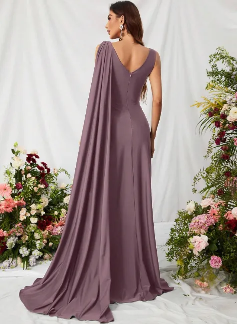 Mauve Purple Draped Arm Satin Thigh Split Bridesmaid Maxi Dress