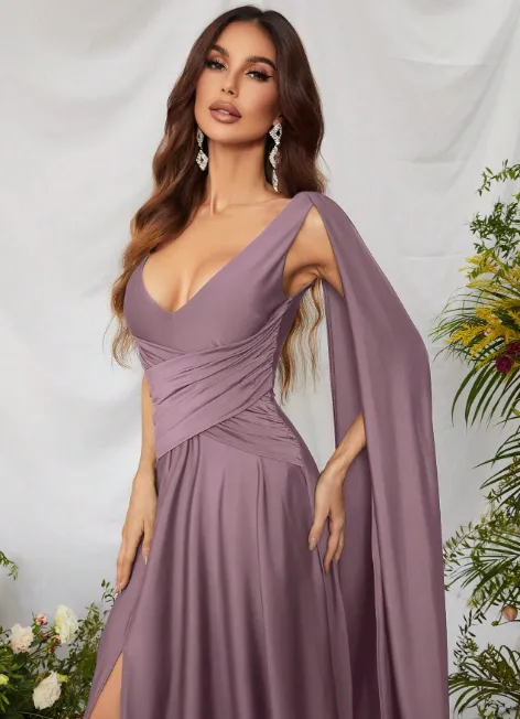 Mauve Purple Draped Arm Satin Thigh Split Bridesmaid Maxi Dress