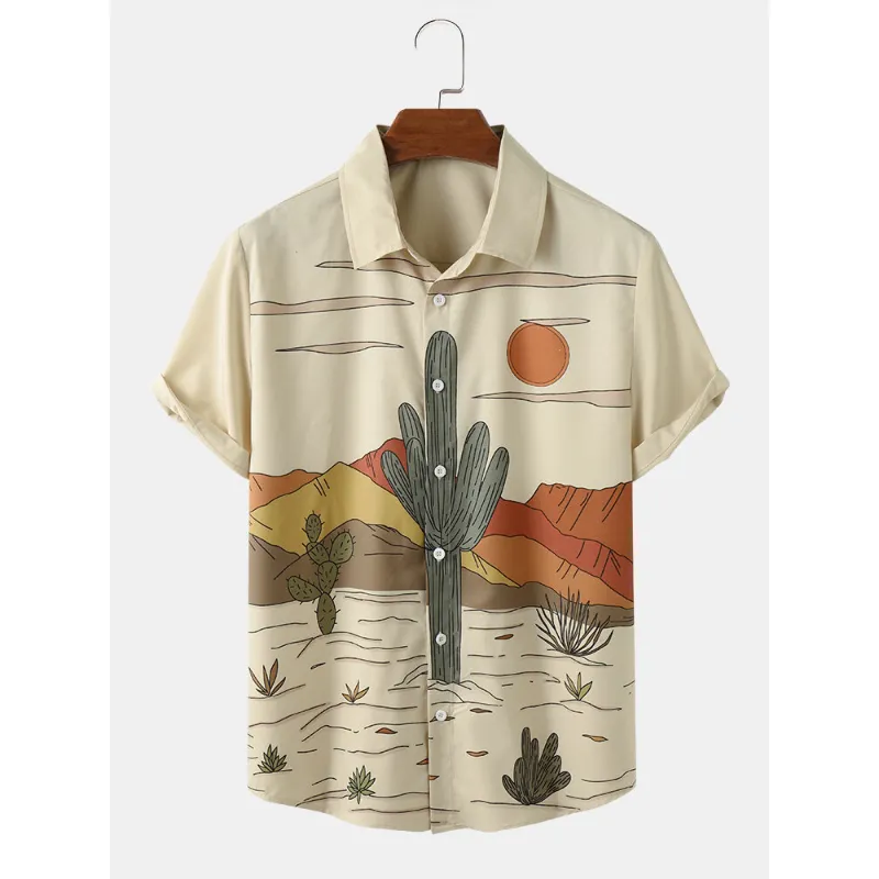 Men Cactus Desert Landscape Print Tropical Plant Short Sleeve Shirts