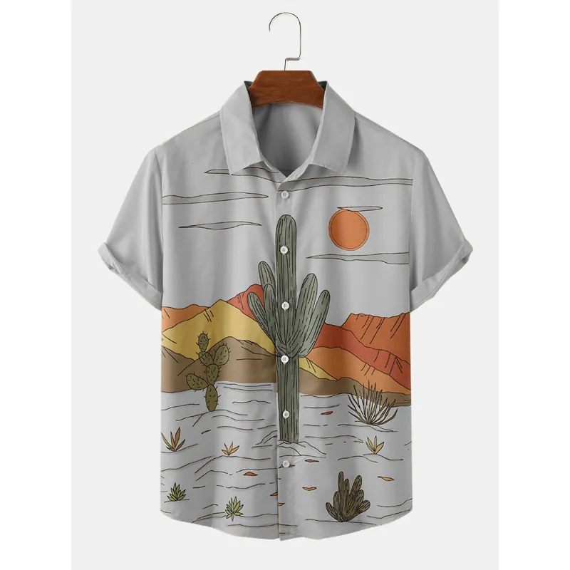 Men Cactus Desert Landscape Print Tropical Plant Short Sleeve Shirts