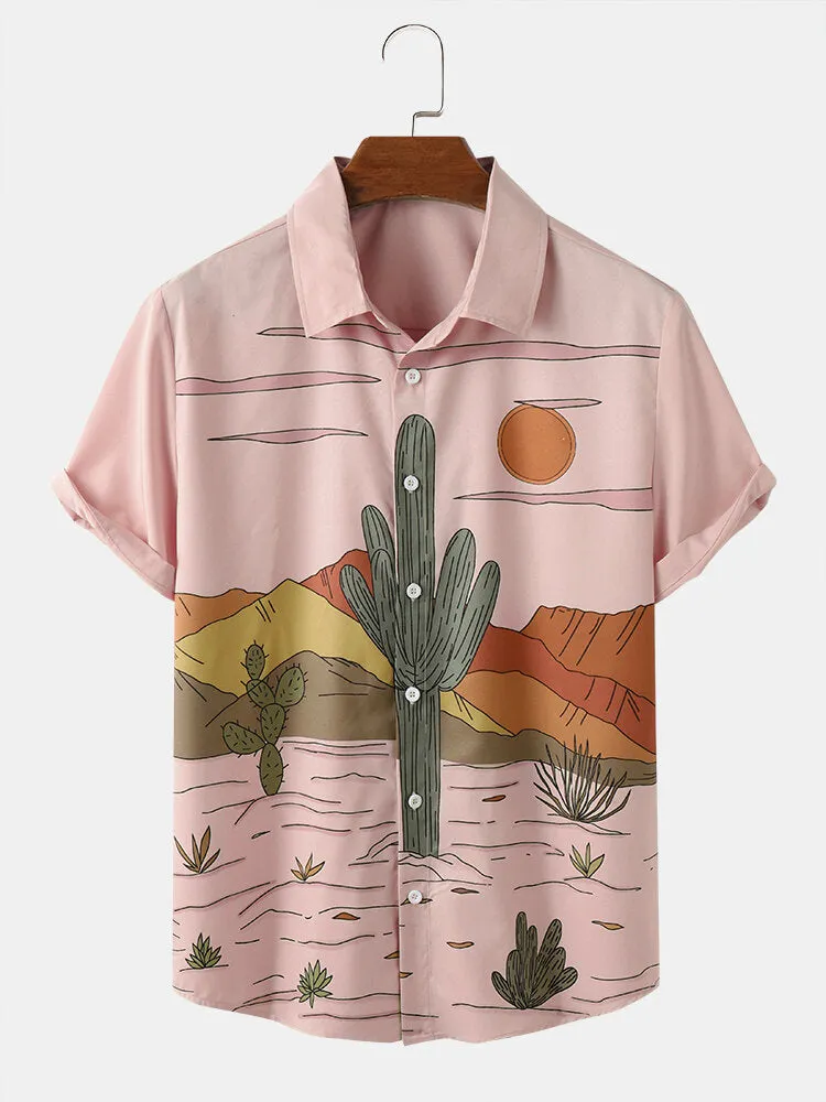 Men Cactus Desert Landscape Print Tropical Plant Short Sleeve Shirts