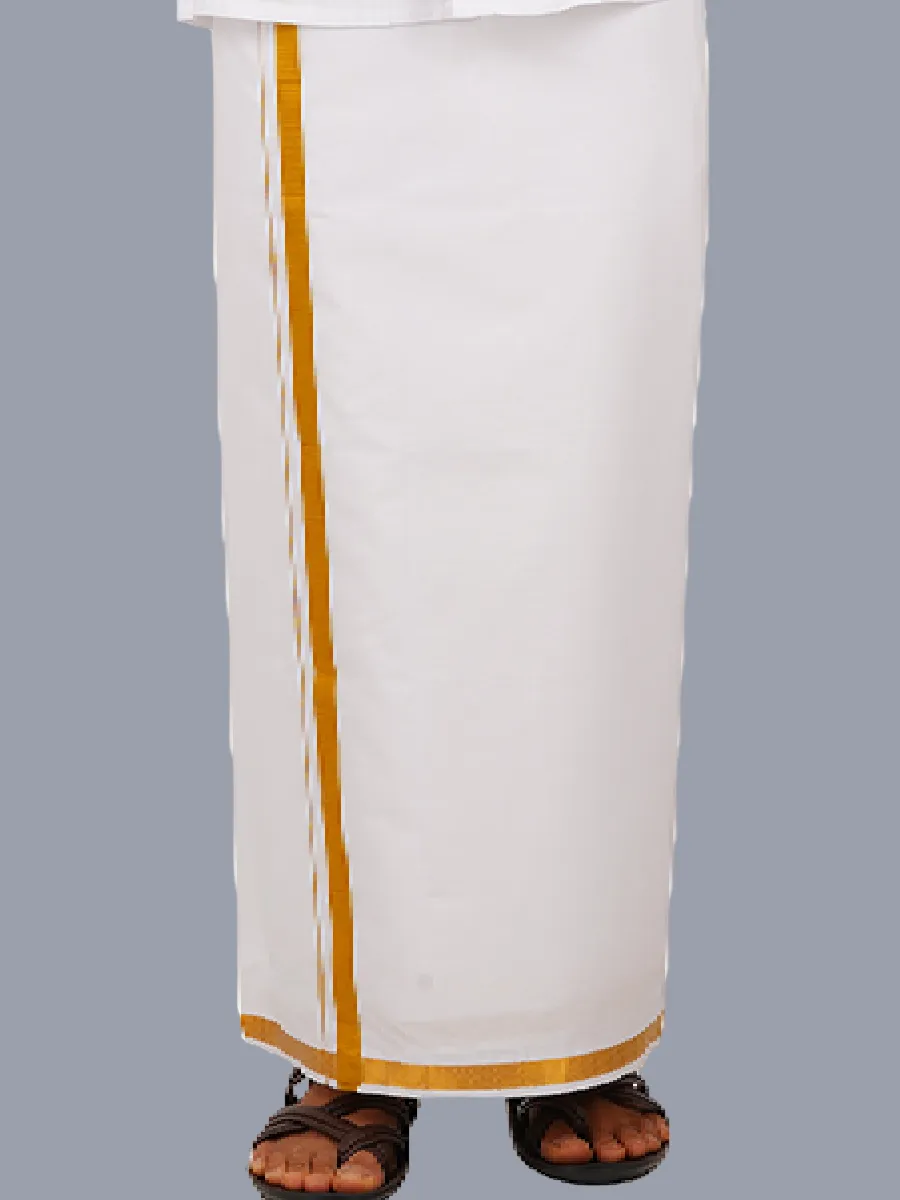 Men Cotton Linen White Full Sleeves Shirt with 3/4'' inch Gold Jari Double Dhoti Combo