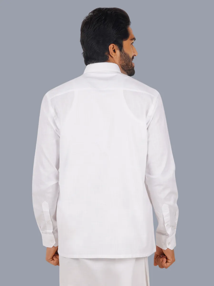 Men Cotton Linen White Full Sleeves Shirt with 3/4'' inch Gold Jari Double Dhoti Combo