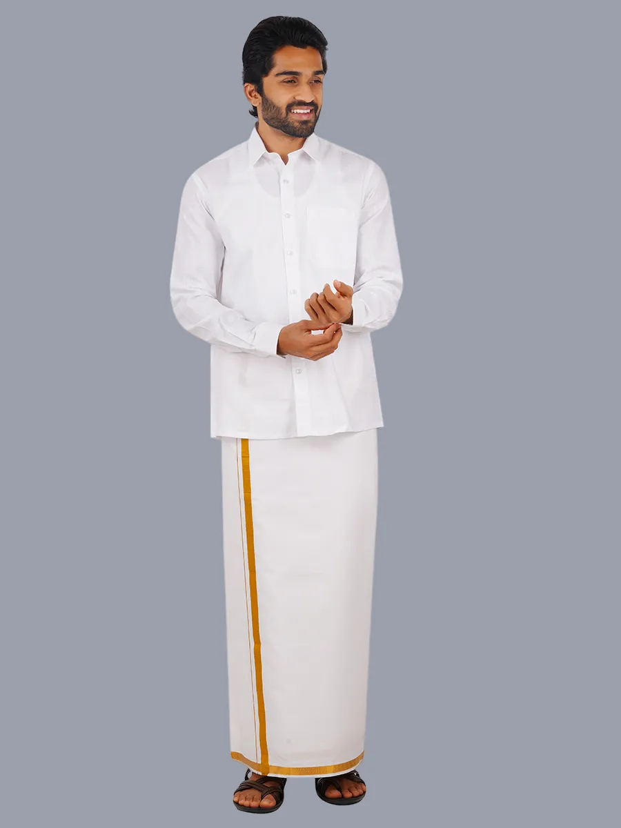 Men Cotton Linen White Full Sleeves Shirt with 3/4'' inch Gold Jari Double Dhoti Combo