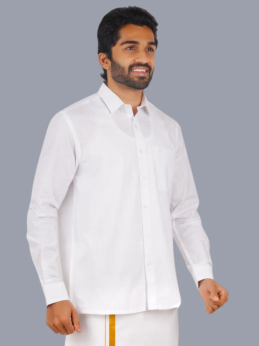 Men Cotton Linen White Full Sleeves Shirt with 3/4'' inch Gold Jari Double Dhoti Combo