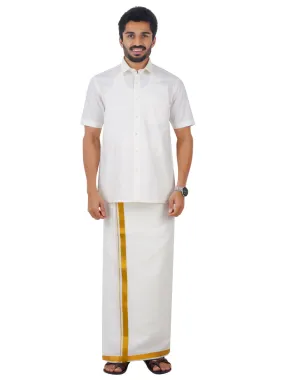 Men Half Sleeves Cream Shirt with 1'' inch Gold Jari Dhoti Combo