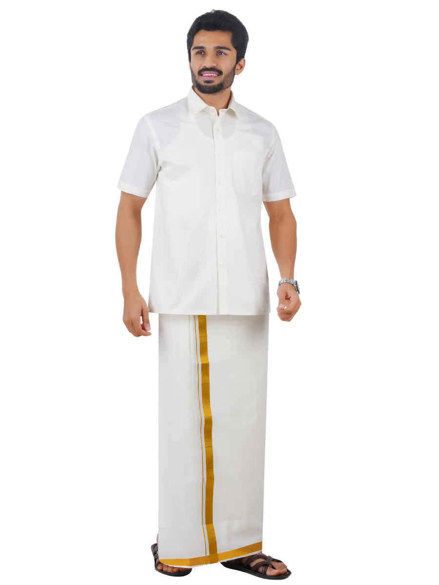 Men Half Sleeves Cream Shirt with 1'' inch Gold Jari Dhoti Combo