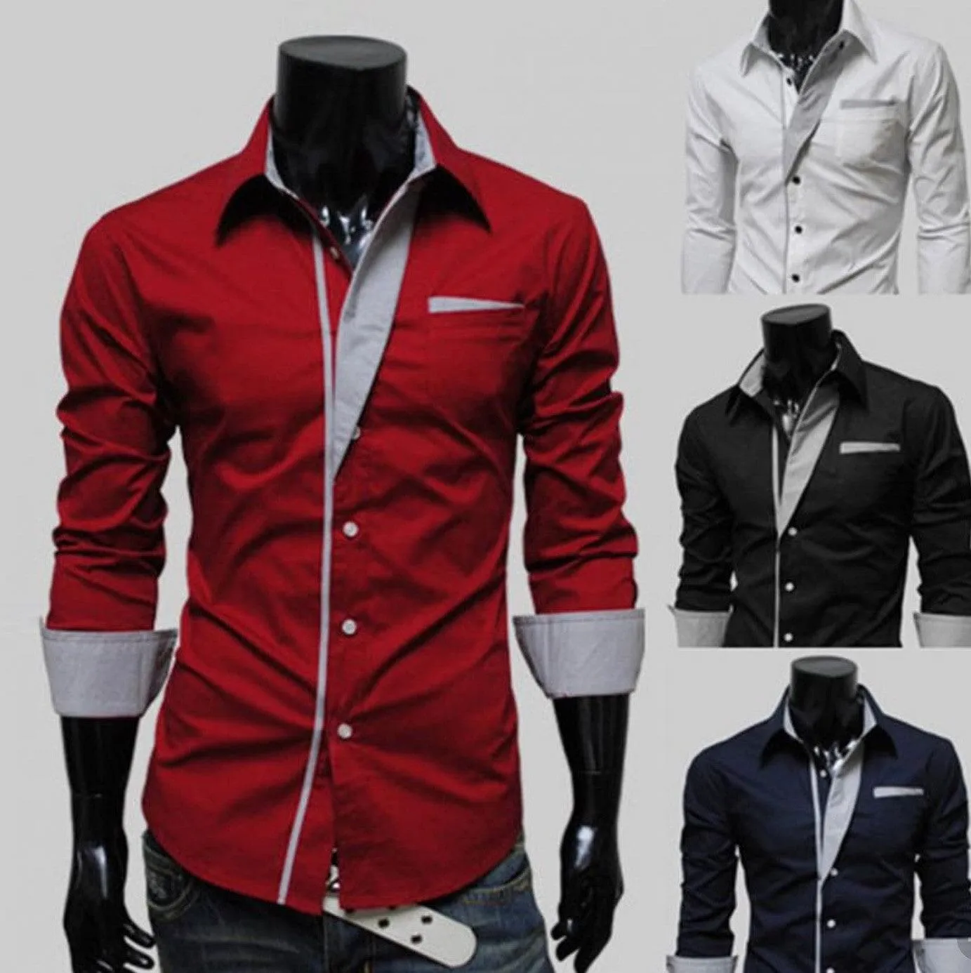 Men's Casual Slim Fit Stripe Lapel Long-Sleeve Shirts