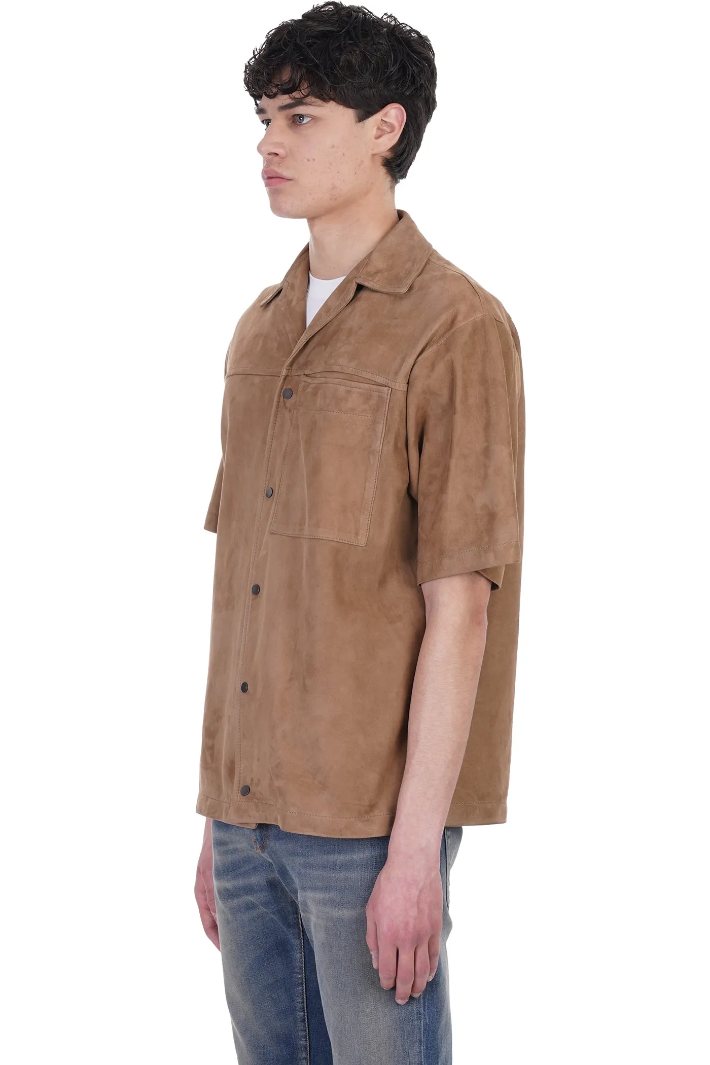 Men’s Half Sleeves Cream Brown Suede Leather Shirt