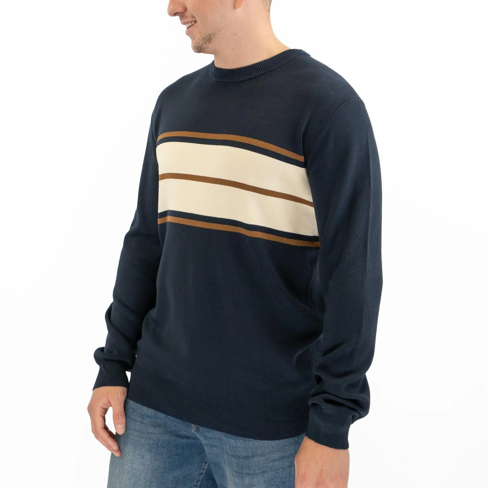 Mens Jumper Colour Block Stripe Navy