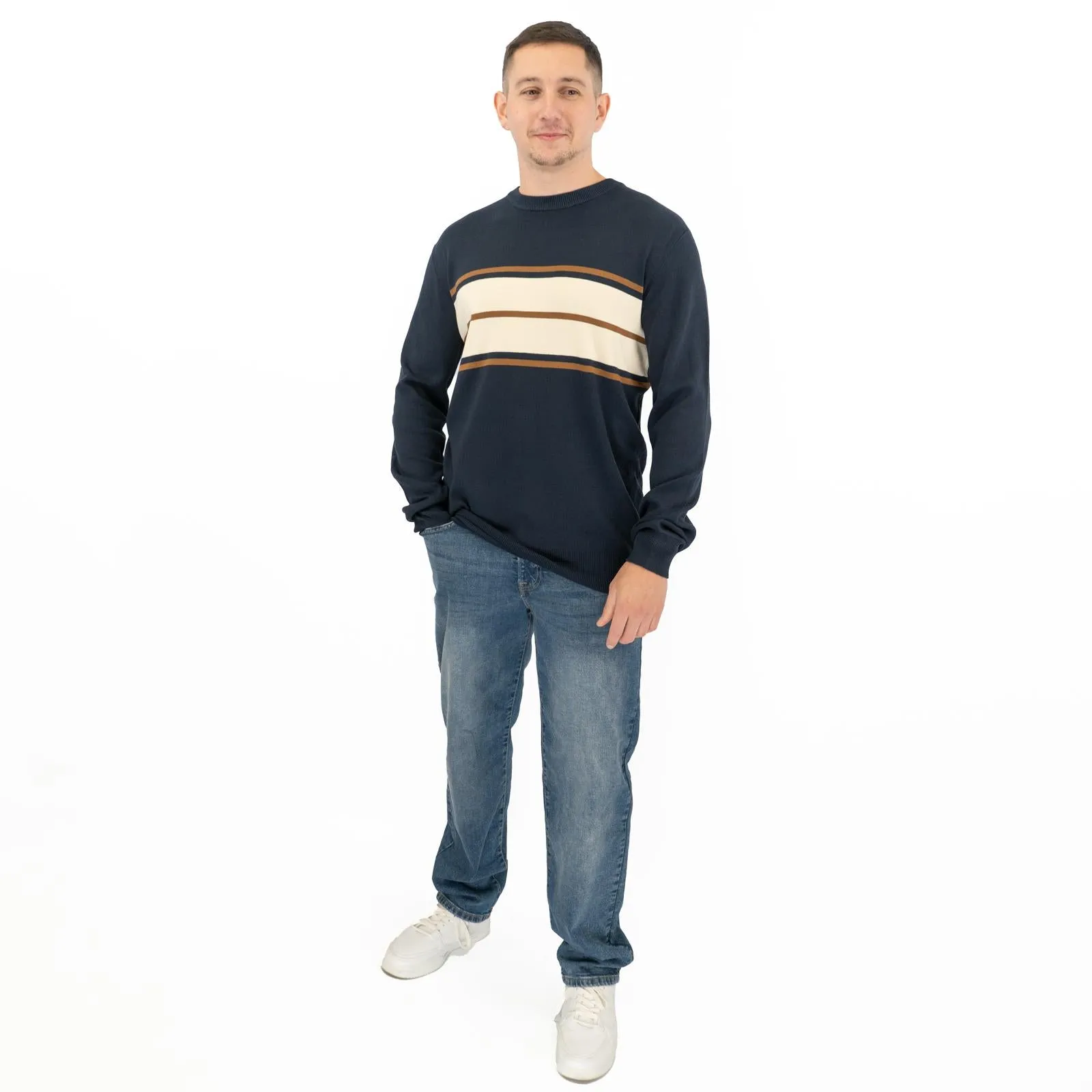 Mens Jumper Colour Block Stripe Navy