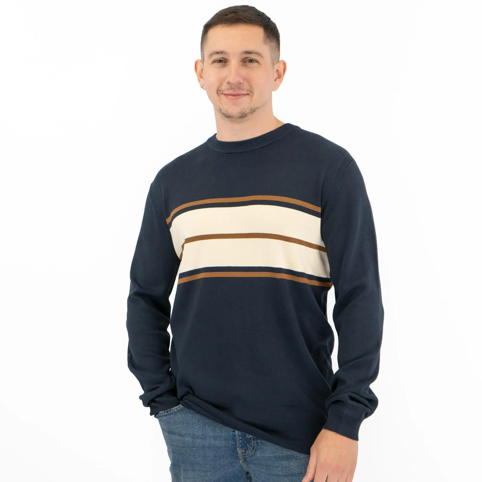 Mens Jumper Colour Block Stripe Navy