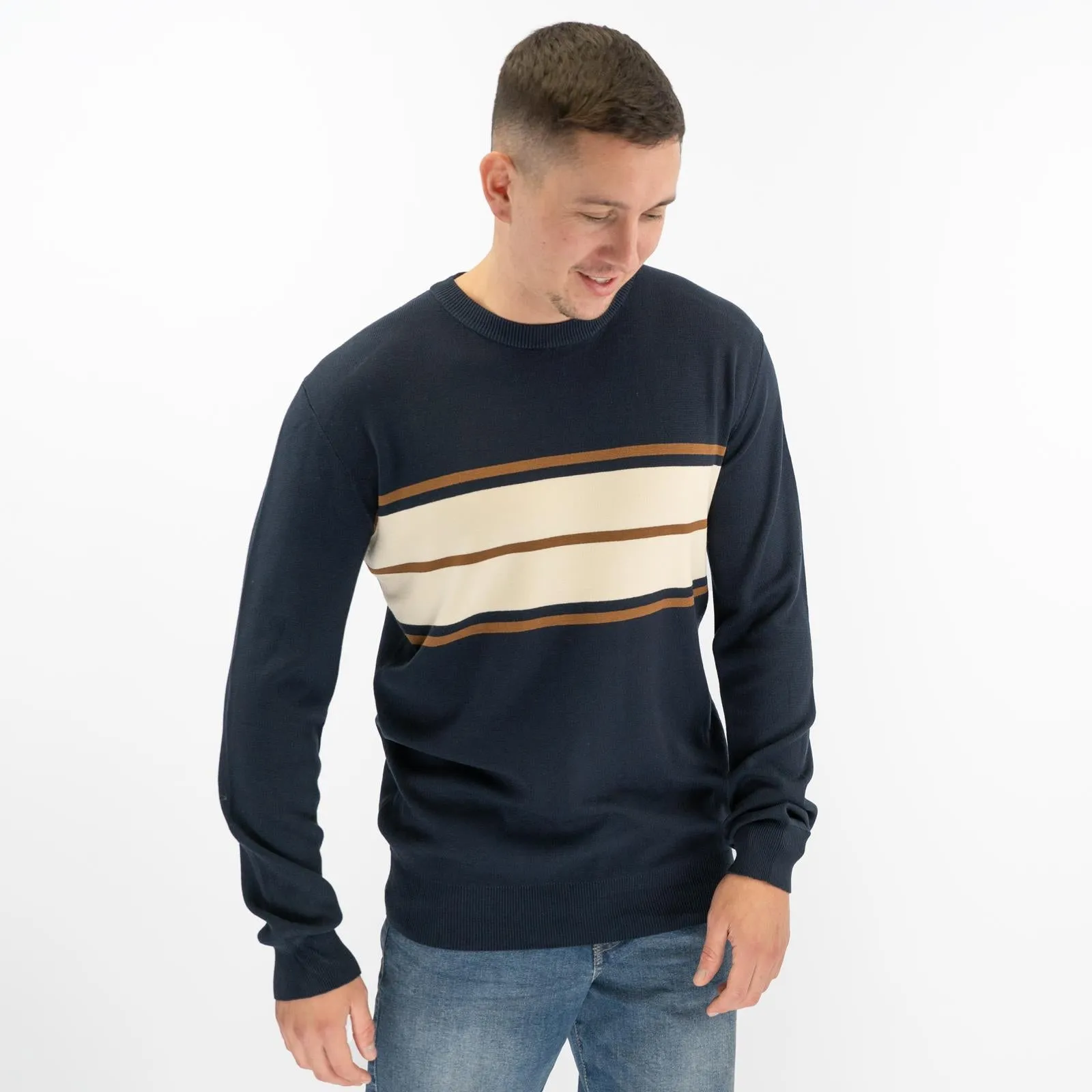 Mens Jumper Colour Block Stripe Navy