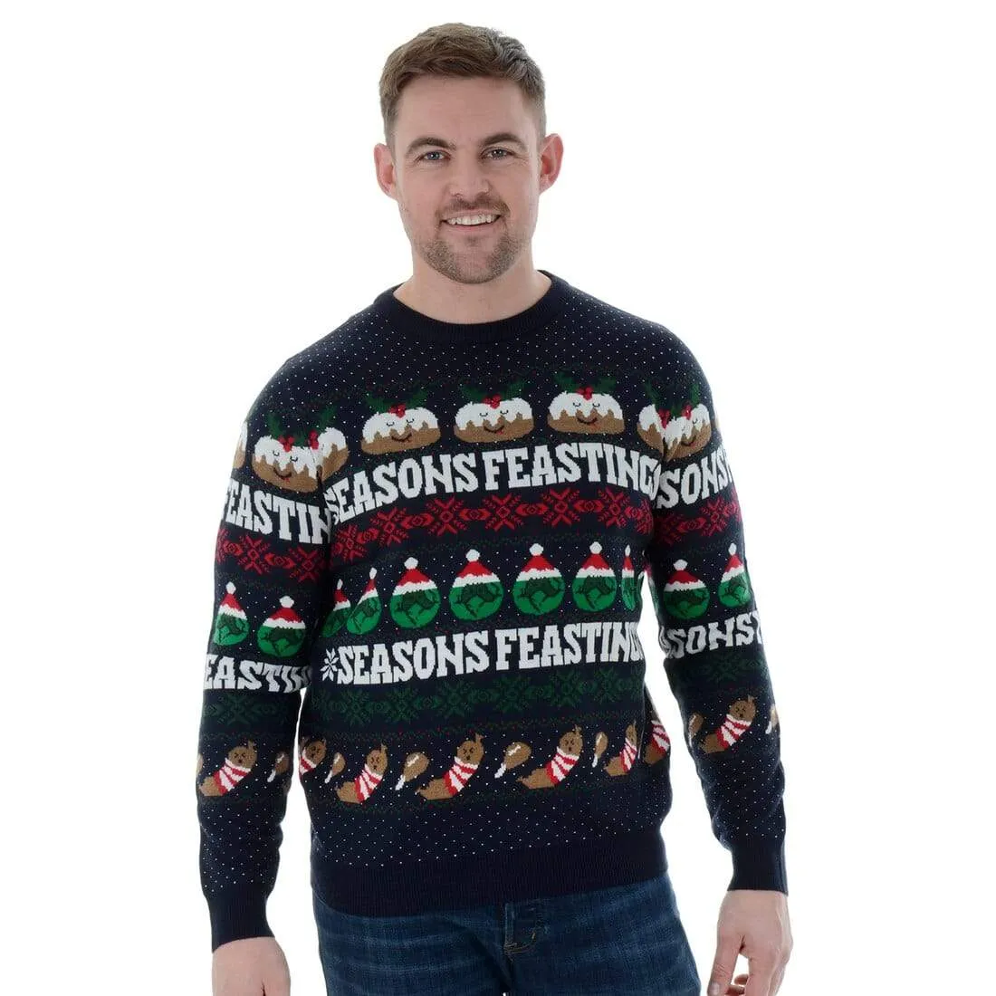 Mens Novelty Knitted Navy Christmas Jumper Seasons Feastings