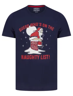 Men's Santa Chimney Motif Novelty Cotton Christmas T-Shirt in Peacoat Blue - Merry Christmas