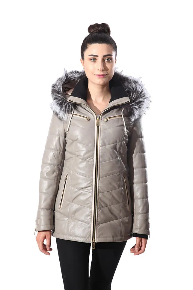 Monica Womens Real Silver Fox Fur Hooded Leather Jacket