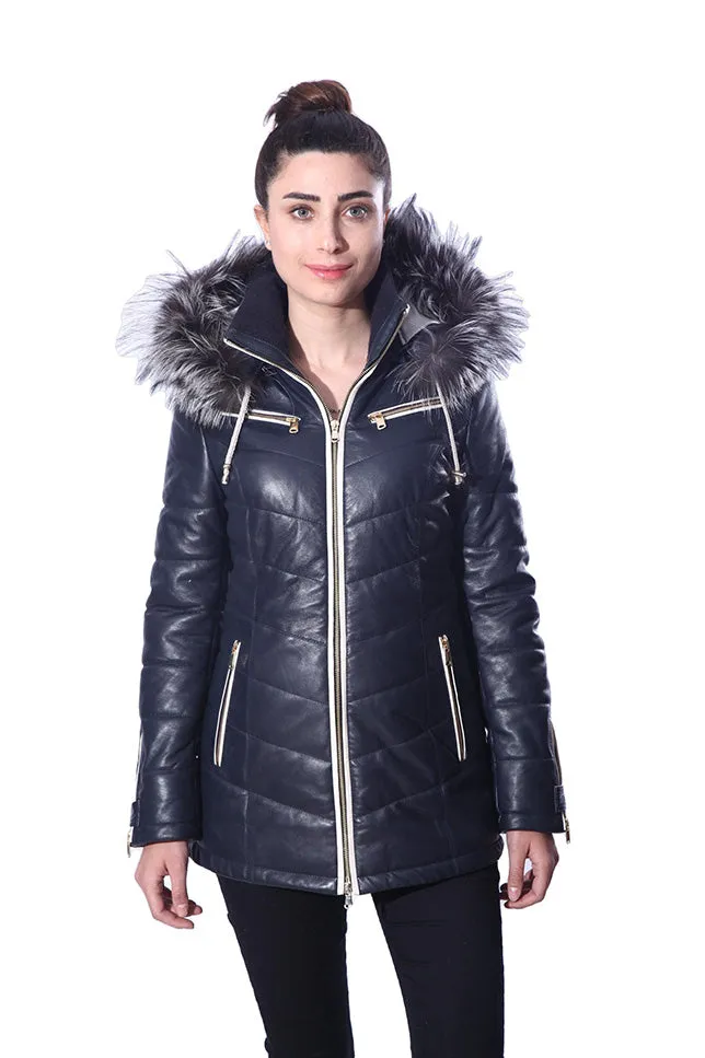 Monica Womens Real Silver Fox Fur Hooded Leather Jacket