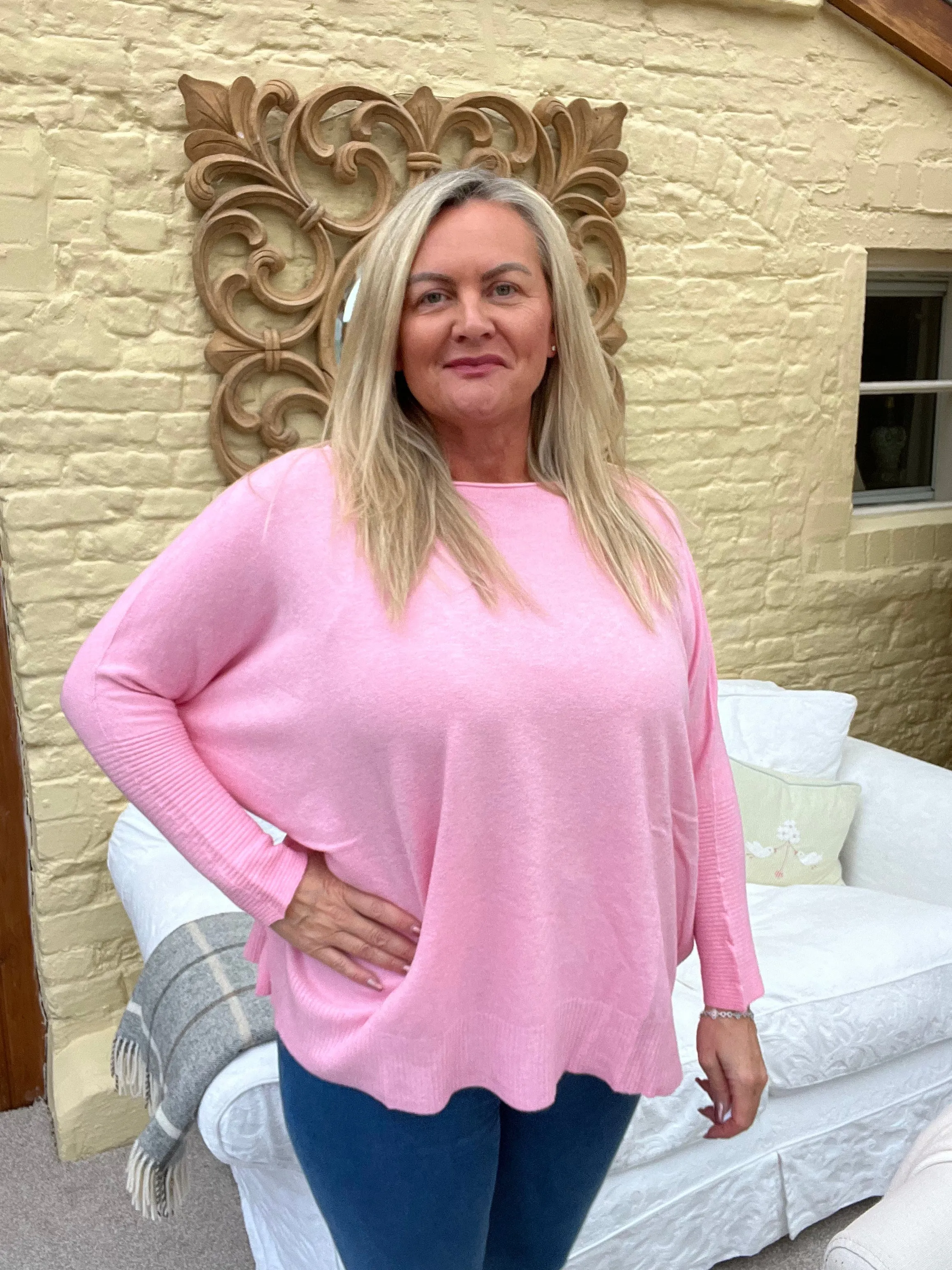 Naples Relaxed Batwing Ribbed Long Sleeves Jumper Hot Pink