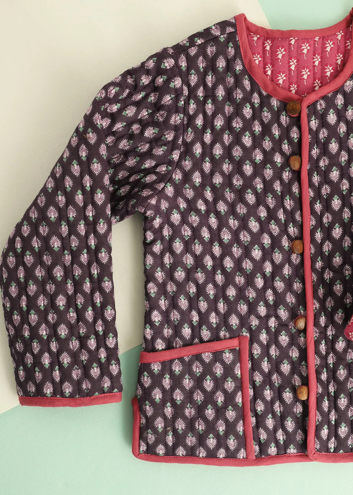 Navy-Pink Paan Quilted Cotton Reversible Coat Unisex (0-7 Years)