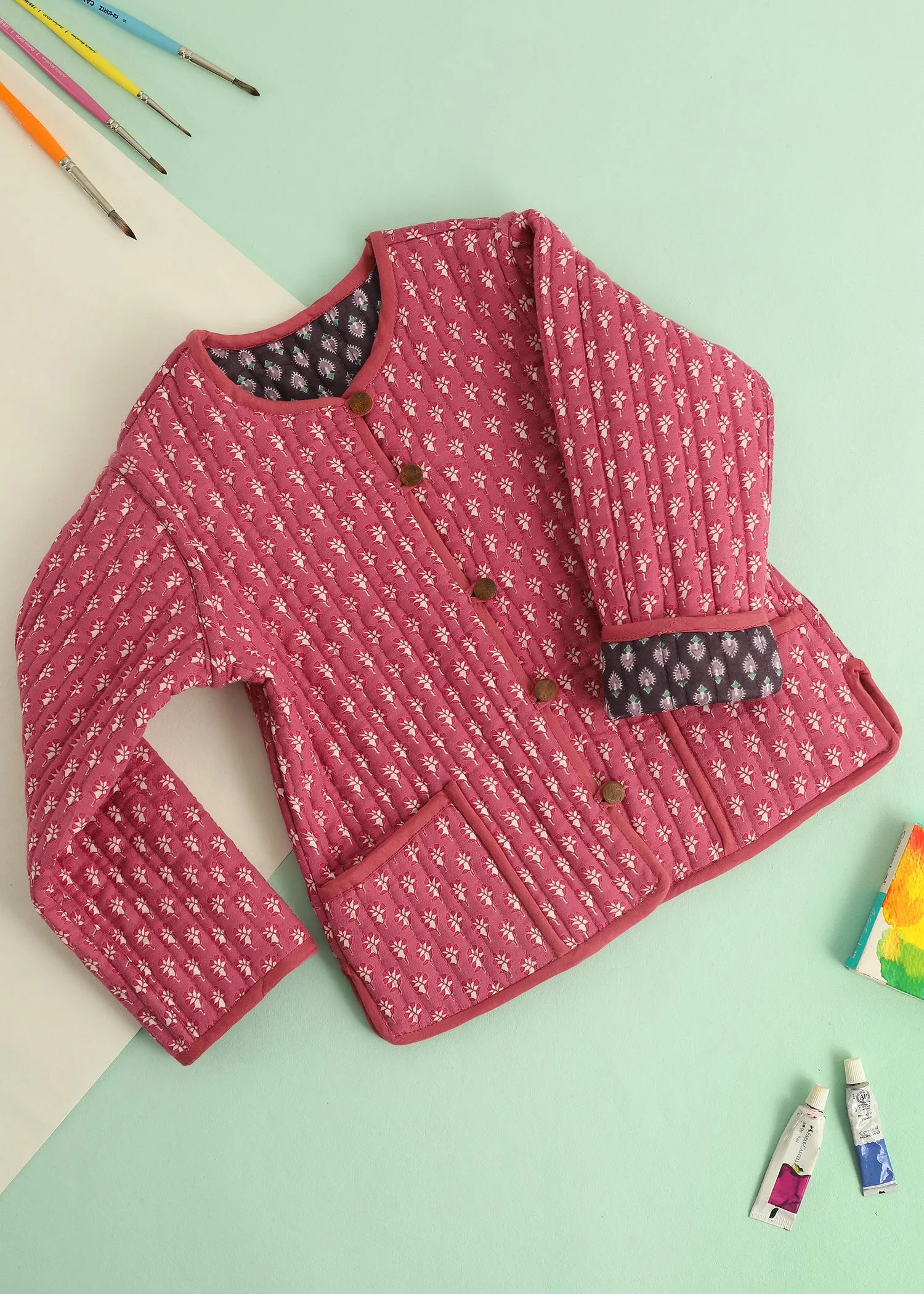 Navy-Pink Paan Quilted Cotton Reversible Coat Unisex (0-7 Years)